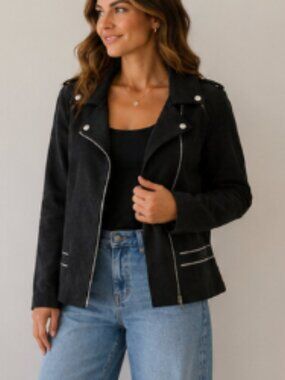 Tricotto Black Faux Suede Moto Jacket – Size XL